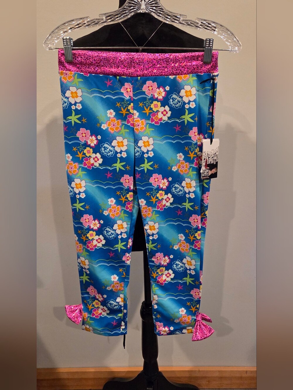 Womans Blue Floral Stretch Pajama Pants with Pink Waistband and Bows